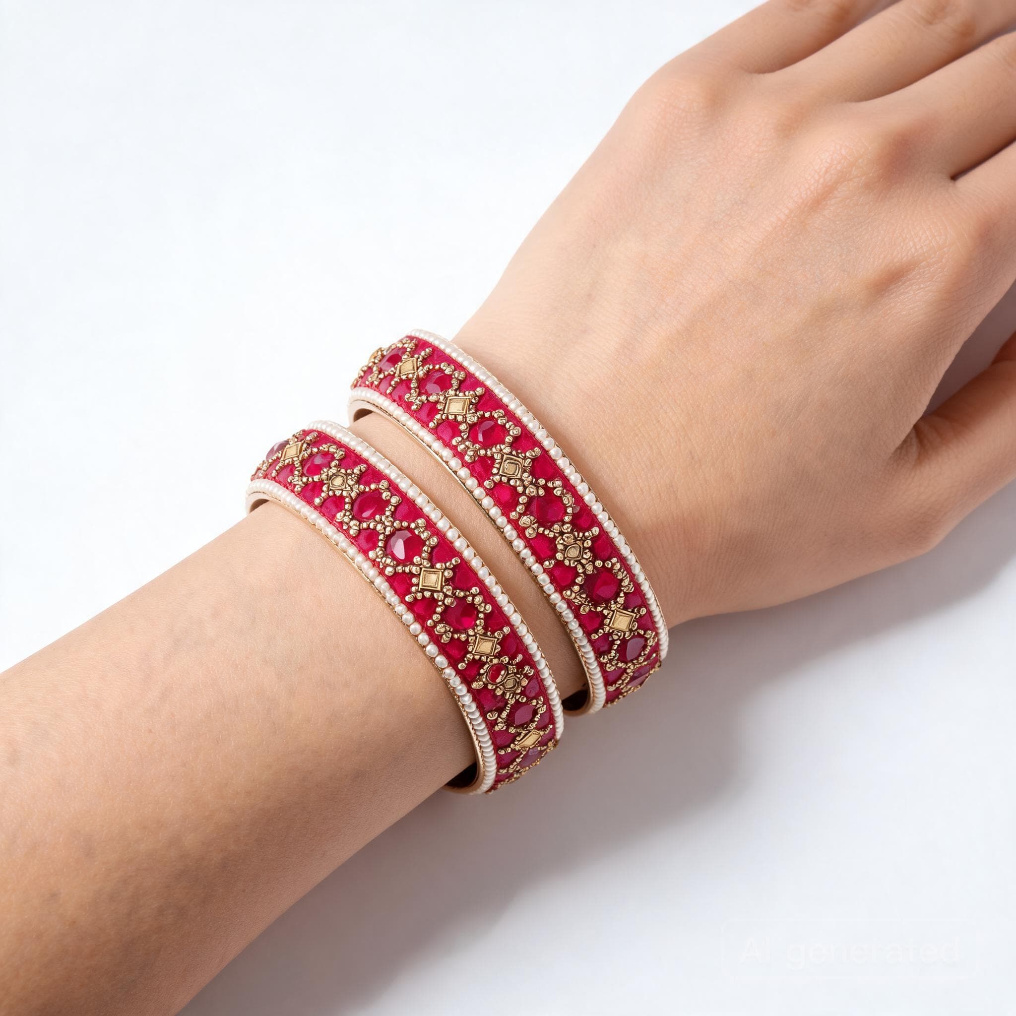 The hot pink pearl and stone bangles styled on a wrist